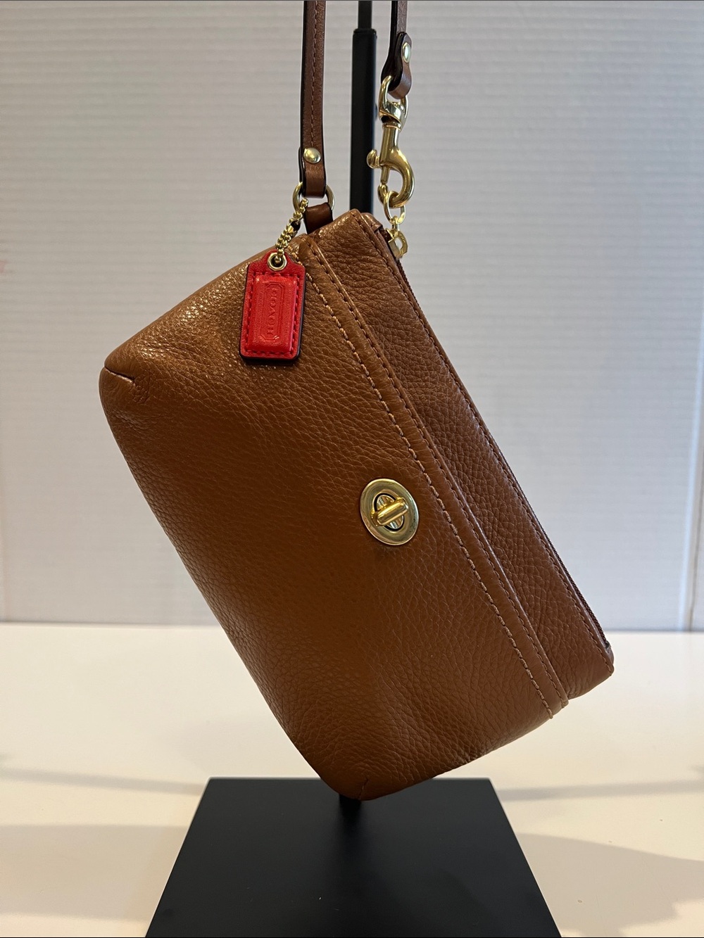 Coach Brown Pebbled Leather Wristlet with Red Tag